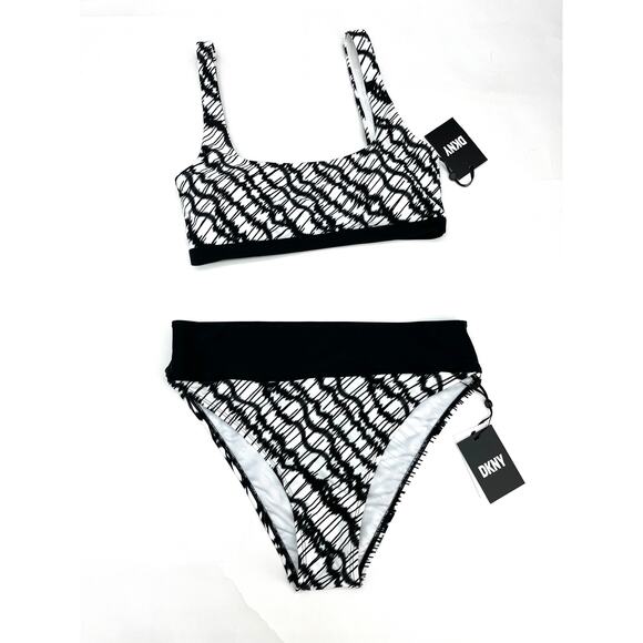DKNY 2 PC Set Black & White High Waist Swim Bikini Top & Bottom Large / XL NWT - Picture 3 of 9